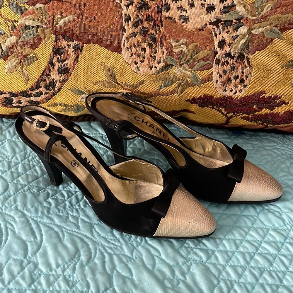 Chanel vintage black satin and gold slingback heels.